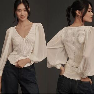 By Anthropologie Sheer Long-Sleeve V-Neck Sweater size: XXS